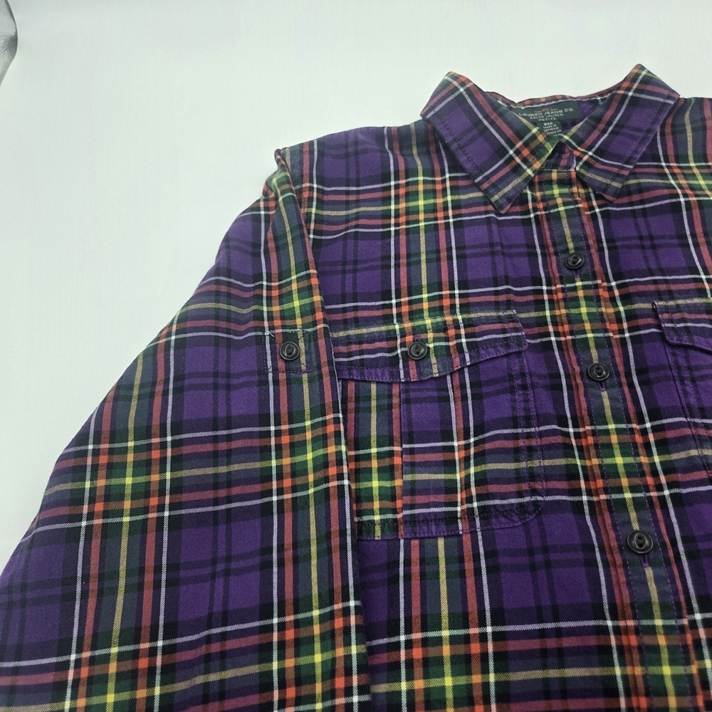 LRL Jeans Co Ralph Lauren Women PM Shirt-Cotton Purple Plaid Button Up Top - Picture 6 of 13